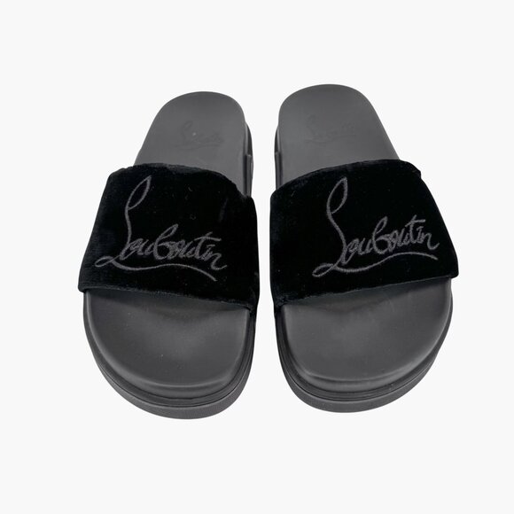 Christian Louboutin 'Navy Pool' Slide Sandals Size 37 US 7 Black Velvet Logo 25 - Picture 2 of 12
